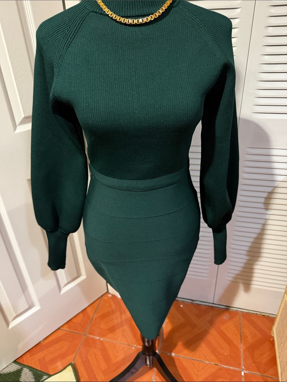 Fashion Nova Forest Green Ribbed Long Sleeve Bodycon Dress